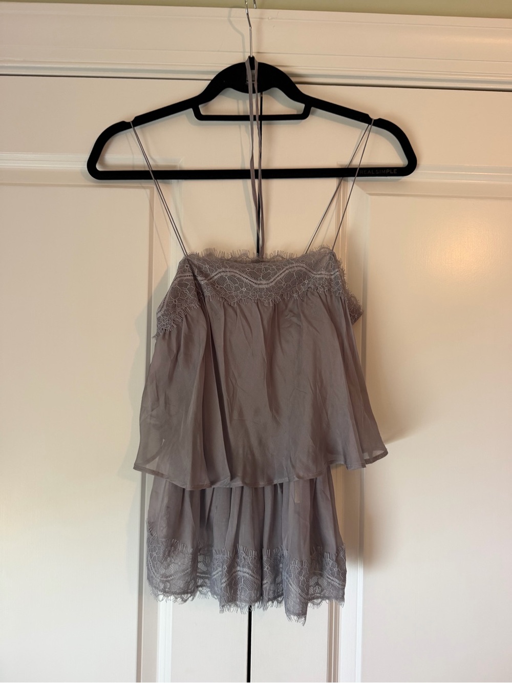 Lace Trim Spaghetti Strap Tiered Camisole in Dusty Grey